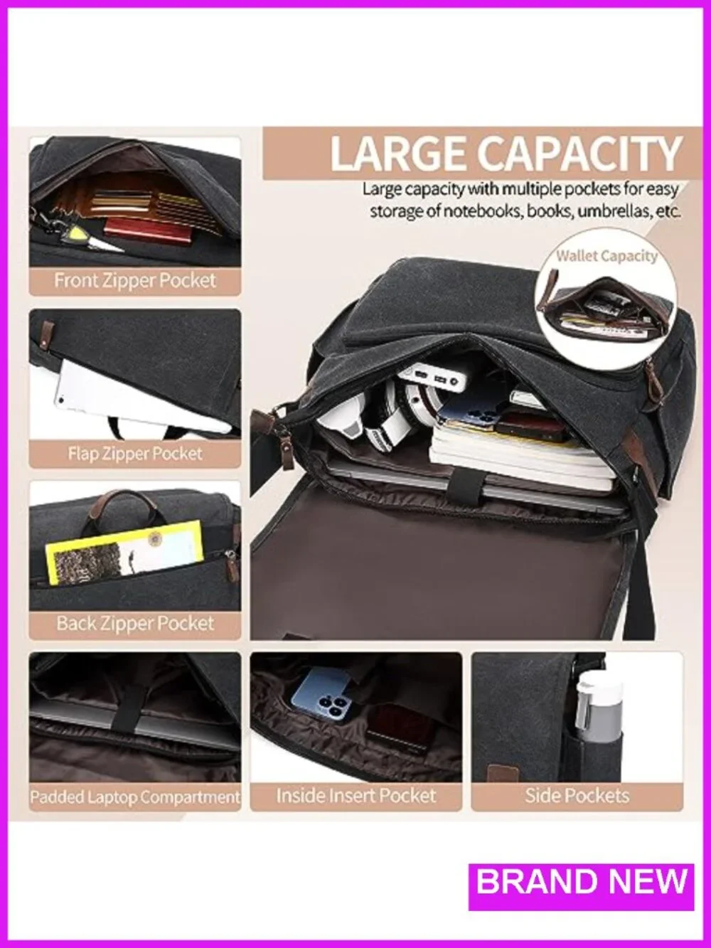 Water-Resistant Canvas Messenger Bag Laptop 17-17.3